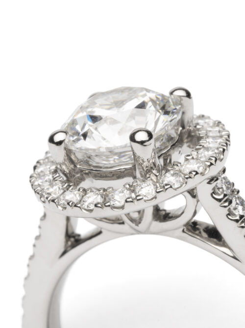 Trotters Platinum Single Stone Lab Grown Diamond Ring Brilliant Round With A Diamond Halo And Shoulders