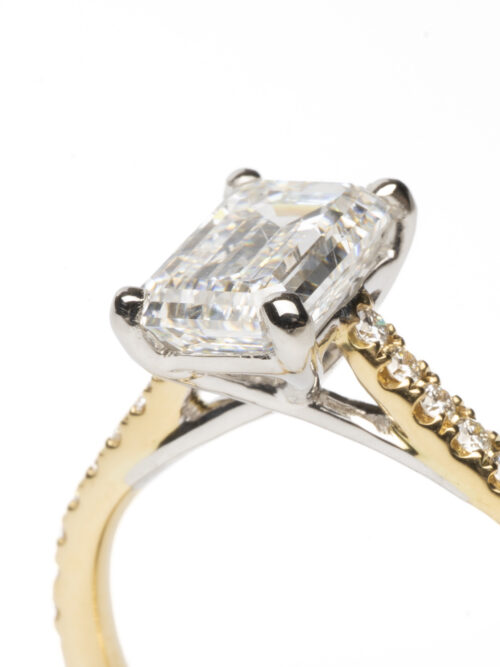 Trotters 18ct Yellow Gold / Platinum Single Stone Lab Grown Emerald Cut Diamond Ring With Diamond Set Shoulders