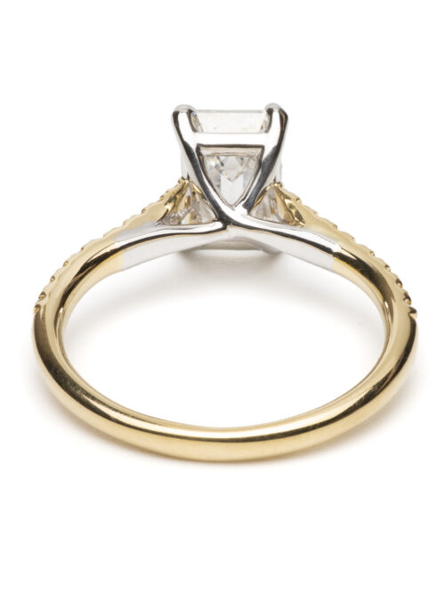 Trotters 18ct Yellow Gold / Platinum Single Stone Lab Grown Emerald Cut Diamond Ring With Diamond Set Shoulders