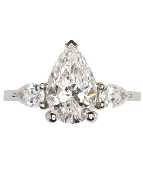 Trotters Platinum 3 Stone Lab Grown Diamond Ring Pear Shape Center 2.01ct And Pear Shoulders