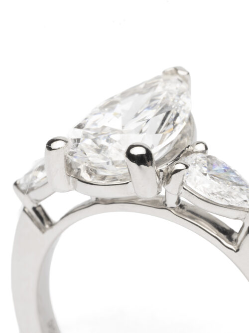 Trotters Platinum 3 Stone Lab Grown Diamond Ring Pear Shape Center 2.01ct And Pear Shoulders