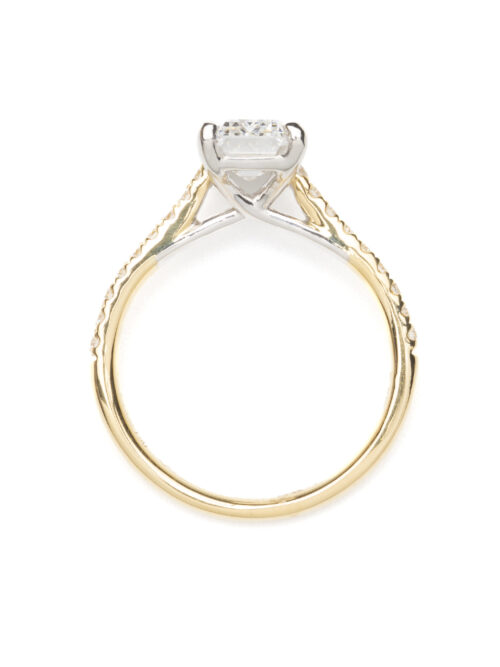 Trotters 18ct Yellow Gold / Platinum Single Stone Lab Grown Emerald Cut Diamond Ring With Diamond Set Shoulders