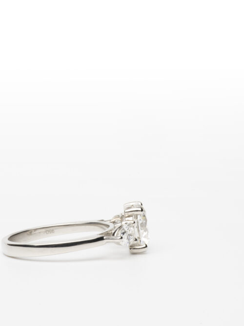 Trotters Platinum 3 Stone Lab Grown Diamond Ring Brilliant Round And Pear Shoulders