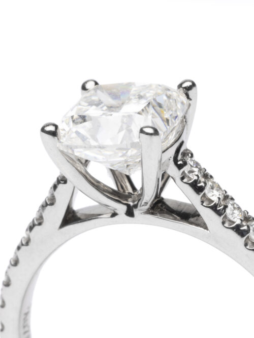 Trotters 18ct White Gold Cushion Cut Diamond Ring With Diamond Set Shoulders