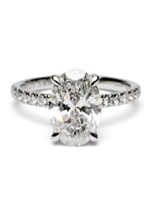 Trotters Platinum 2.5ct Lab Grown Oval Diamond Ring With Diamond Set Shoulders & Hidden Diamond Halo
