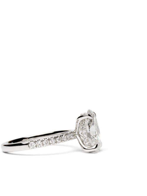 Trotters Platinum 2.5ct Lab Grown Oval Diamond Ring With Diamond Set Shoulders & Hidden Diamond Halo