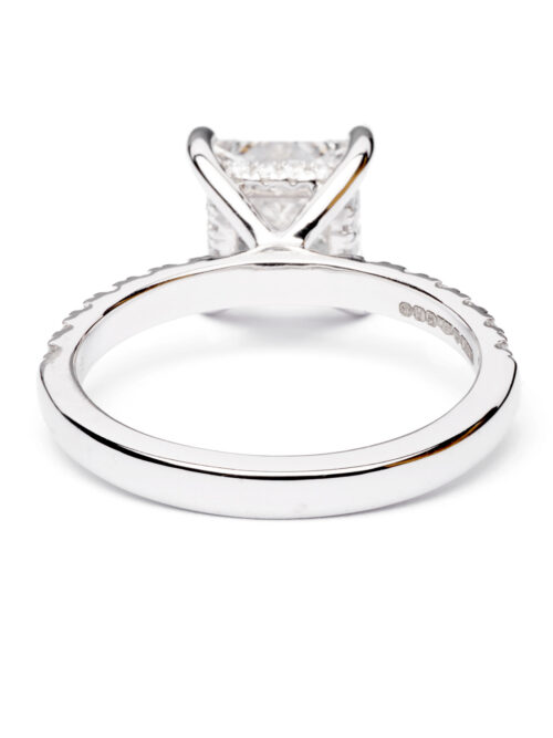 Trotters Platinum 2ct Lab Grown Pronces Cut Diamond Ring Diamond Set Shoulders And Hidden Halo