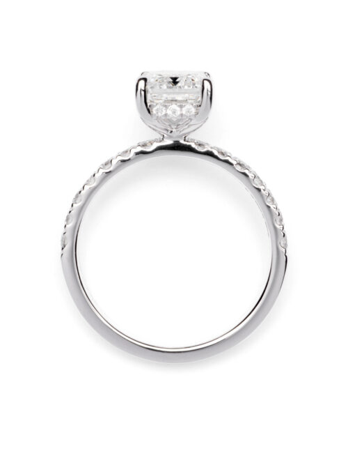 Trotters Platinum 2ct Lab Grown Emerald Cut Diamond Ring Diamond Set Shoulders And Hidden Halo