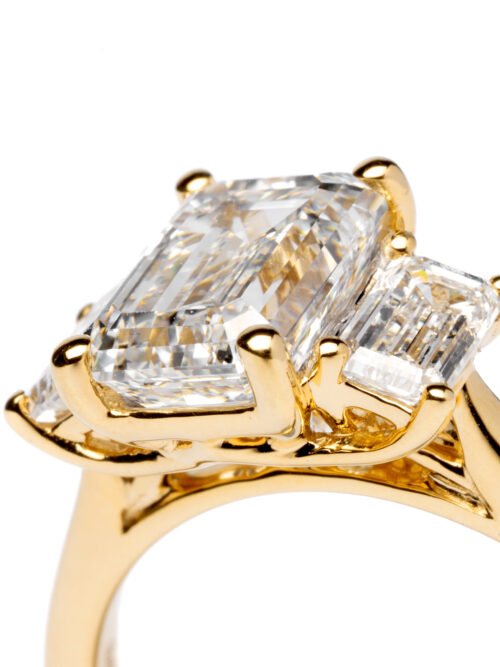 Trotters 18ct Yellow Gold Three Stone Lab Grown Diamond Ring Three Emerald Triolgy