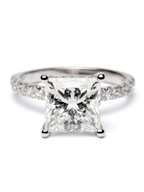 Trotters Platinum Lab Grown 3ct Princess Cut Diamond Ring With Diamond Set Shoulders And Hidden Halo