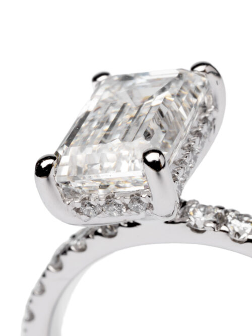 Trotters Platinum 2ct Lab Grown Emerald Cut Diamond Ring Diamond Set Shoulders And Hidden Halo