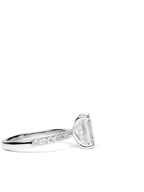 Trotters Platinum 2ct Lab Grown Emerald Cut Diamond Ring Diamond Set Shoulders And Hidden Halo