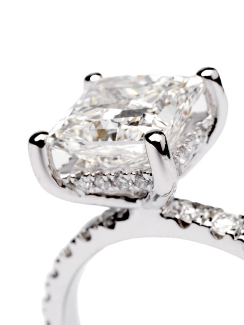 Trotters Platinum 2ct Lab Grown Pronces Cut Diamond Ring Diamond Set Shoulders And Hidden Halo