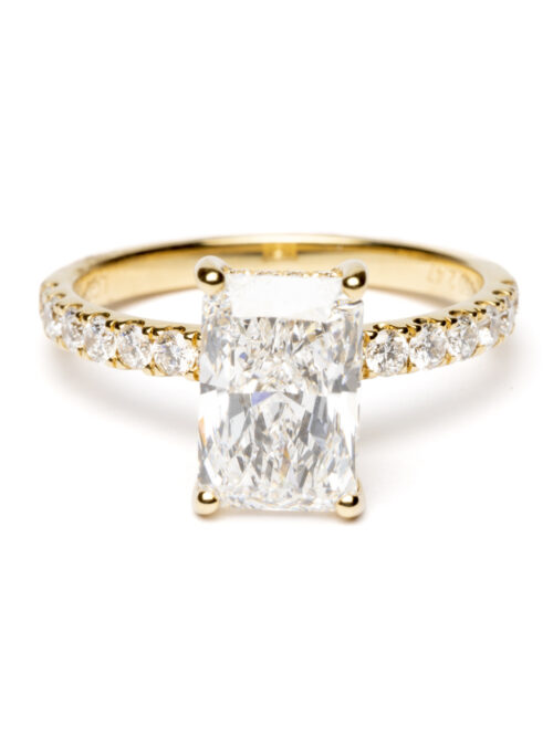 Trotters 18ct Yellow Gold 2.01ct Lab Grown Radiant Cut Diamond Ring With Diamond Set Shoulders