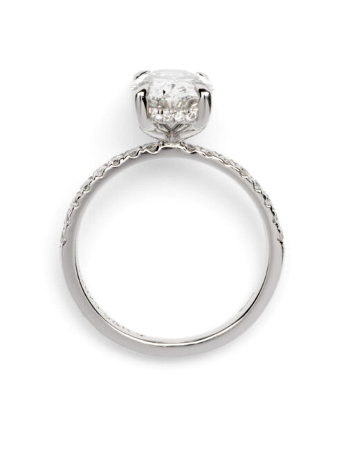 Trotters Platinum 2.5ct Lab Grown Oval Diamond Ring With Diamond Set Shoulders & Hidden Diamond Halo