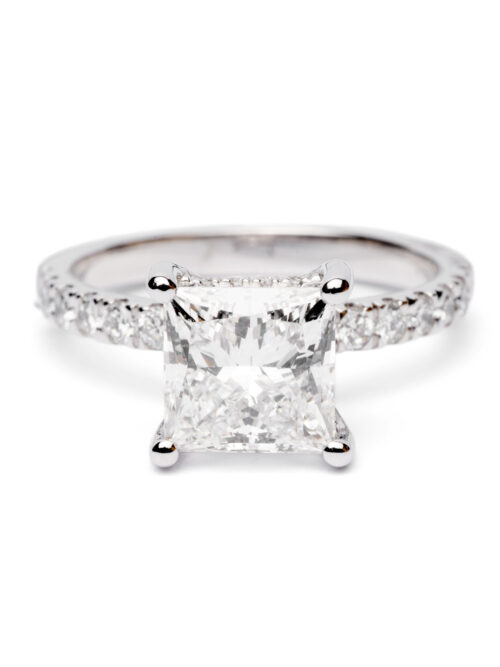 Trotters Platinum 2ct Lab Grown Pronces Cut Diamond Ring Diamond Set Shoulders And Hidden Halo