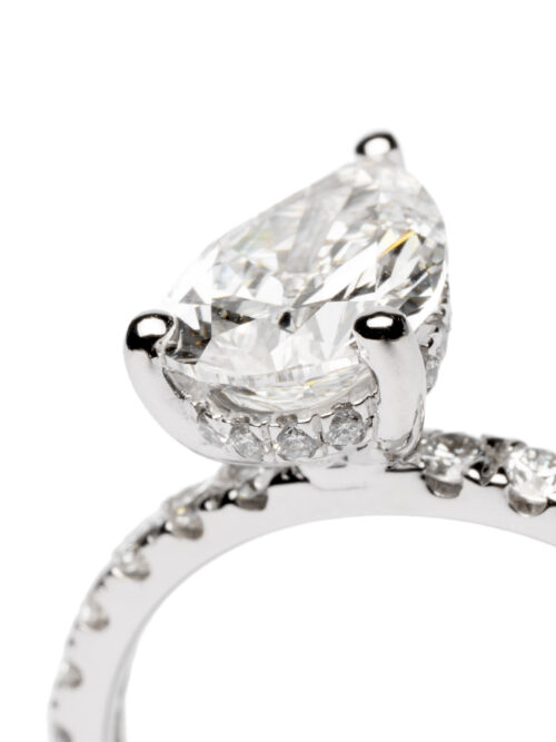 Trotters Platinum Lab Grown 1.5ct Pear Shape Diamond Ring With Diamond Set Shoulders And Hidden Halo