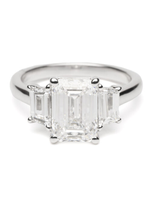 Trotters Platinum Three Stone Lab Grown Diamond Ring Three Emerald Triolgy