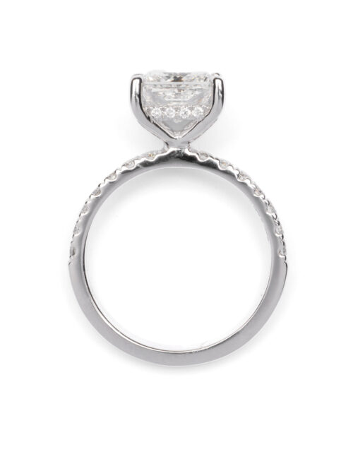 Trotters Platinum 2ct Lab Grown Pronces Cut Diamond Ring Diamond Set Shoulders And Hidden Halo
