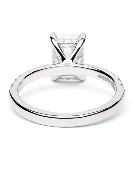 Trotters Platinum 2ct Lab Grown Emerald Cut Diamond Ring Diamond Set Shoulders And Hidden Halo
