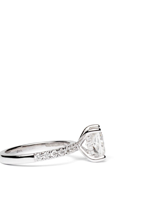 Trotters Platinum 2ct Lab Grown Pronces Cut Diamond Ring Diamond Set Shoulders And Hidden Halo