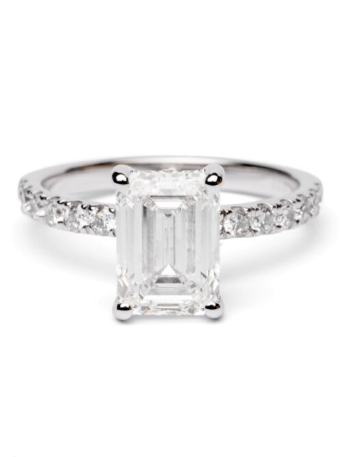 Trotters Platinum 2ct Lab Grown Emerald Cut Diamond Ring Diamond Set Shoulders And Hidden Halo