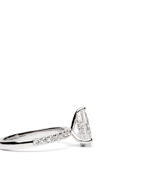 Trotters Platinum Lab Grown 1.5ct Pear Shape Diamond Ring With Diamond Set Shoulders And Hidden Halo