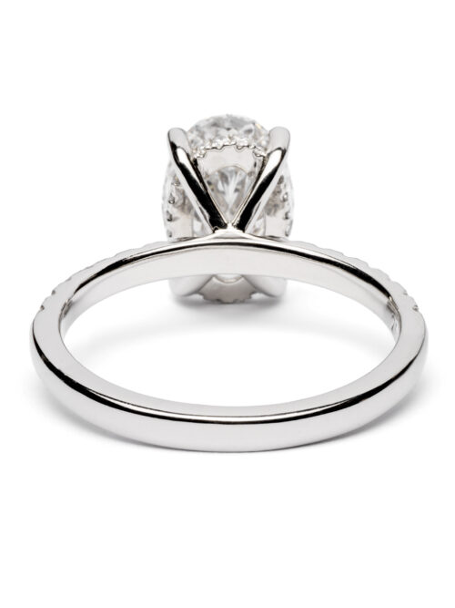Trotters Platinum 2.5ct Lab Grown Oval Diamond Ring With Diamond Set Shoulders & Hidden Diamond Halo