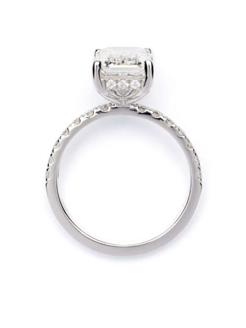 Trotters Platinum 3ct Lab Grown Emerald Cut Diamond Ring With Diamond Set Shoulders & Hidden Halo