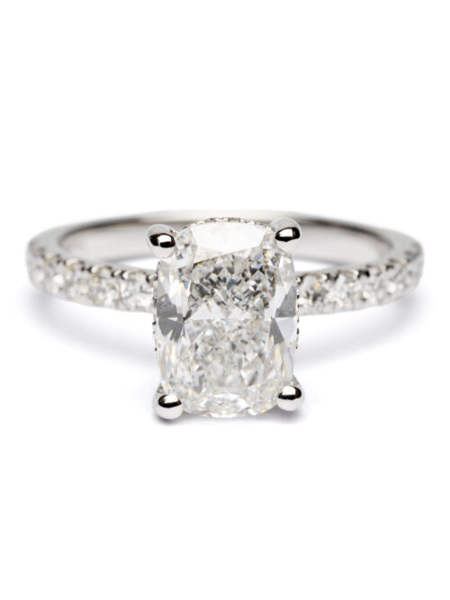 Trotters Platinum 2ct Lab Grown Cushion Cut Diamond Ring With Diamond Set Shoulders & Hidden Halo