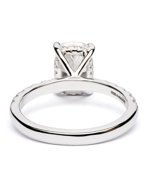 Trotters Platinum 2ct Lab Grown Cushion Cut Diamond Ring With Diamond Set Shoulders & Hidden Halo