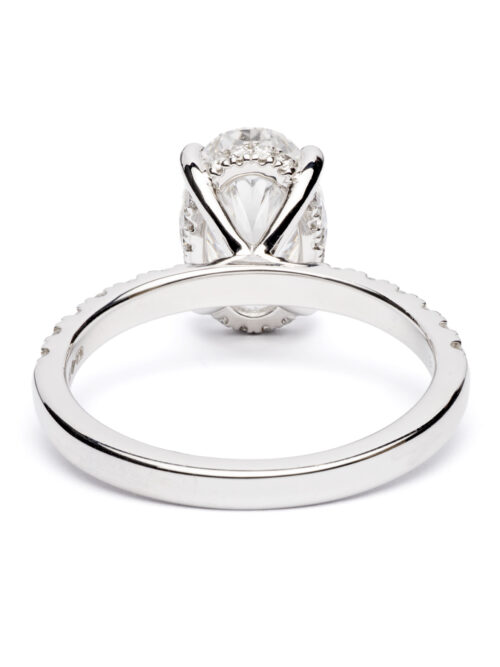Trotters Platinum 2.5ct Lab Grown Oval Diamond Ring With Diamond Set Shoulders & Hidden Diamond Halo