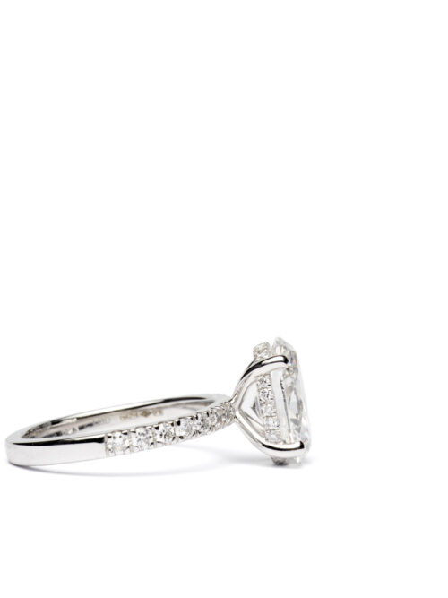 Trotters Platinum 2.5ct Lab Grown Oval Diamond Ring With Diamond Set Shoulders & Hidden Diamond Halo
