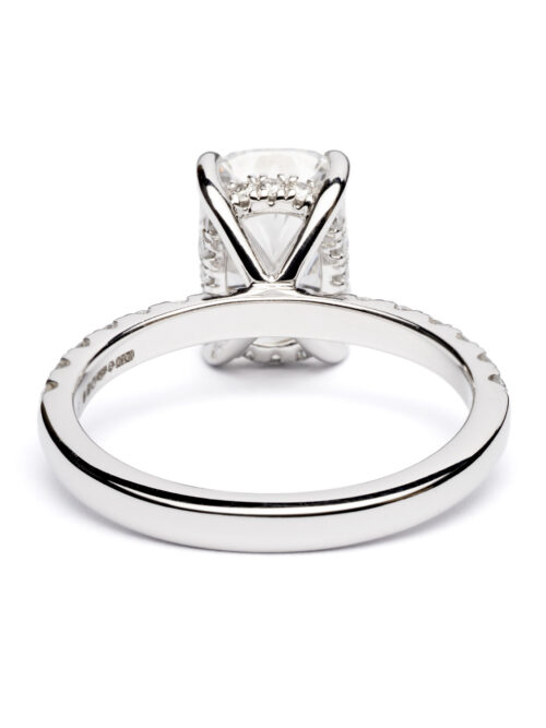 Trotters Platinum 3ct Lab Grown Cushion Cut Diamond Ring With Diamond Set Shoulders & Hidden Diamond Halo
