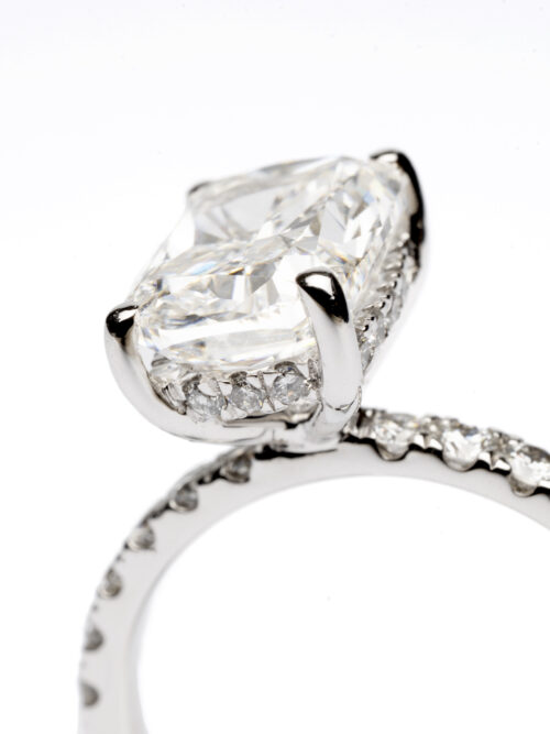 Trotters Platinum 3ct Lab Grown Cushion Cut Diamond Ring With Diamond Set Shoulders & Hidden Diamond Halo