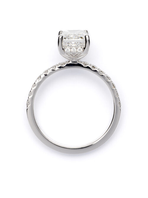 Trotters Platinum 2ct Lab Grown Emerald Cut Diamond Ring With Diamond Set Shoulders  & Hidden Diamond Halo