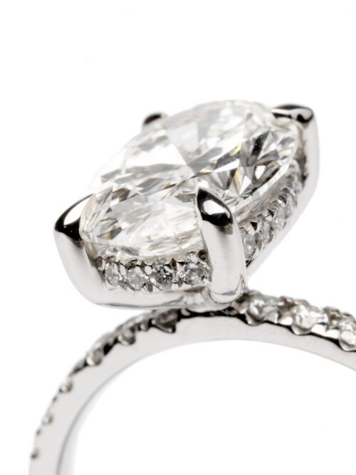 Trotters Platinum 2.5ct Lab Grown Oval Diamond Ring With Diamond Set Shoulders & Hidden Diamond Halo