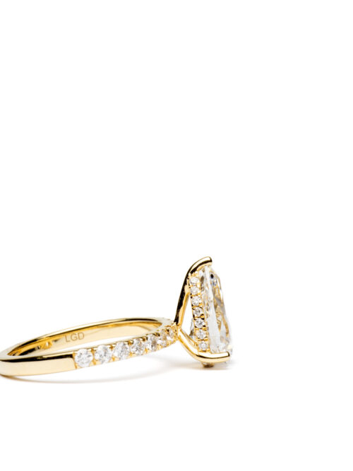 Trotters 18ct Yellow Gold 2ct Lab Grown Pear Shape Diamond Ring With Diamond Set Shoulders & Hidden Diamond Halo