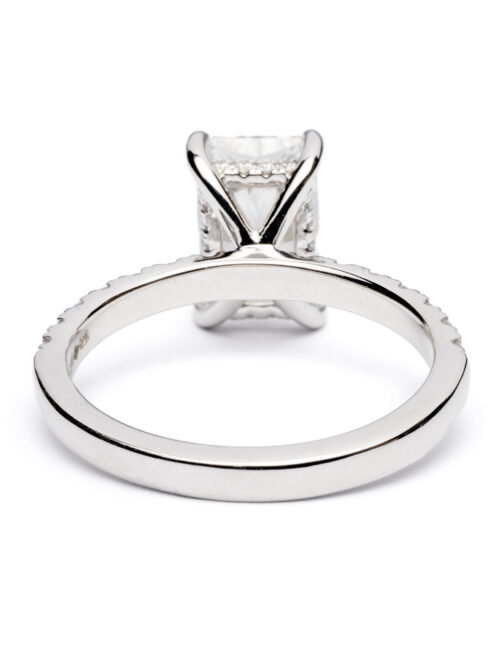 Trotters Platinum 2ct Lab Grown Radiant Diamond Ring With Diamond Set Shoulders & Hidden Diamond Halo