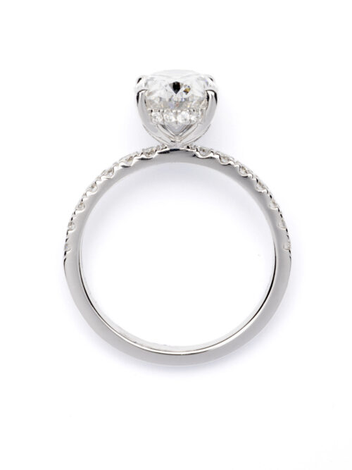 Trotters Platinum 2.5ct Lab Grown Oval Diamond Ring With Diamond Set Shoulders & Hidden Diamond Halo