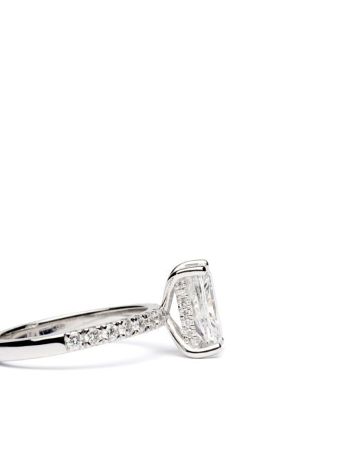 Trotters Platinum 2ct Lab Grown Radiant Diamond Ring With Diamond Set Shoulders & Hidden Diamond Halo