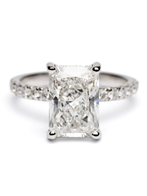 Trotters Platinum 3ct Lab Grown Radiant Cut Diamond Ring With Diamond Set Shoulders & Hidden Halo