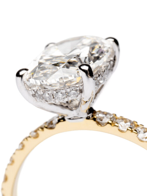 Trotters 18ct Yellow Gold & Platinum 2ct Lab Grown Oval Diamond Ring With Diamond Set Shoulders & Hidden Diamond Halo