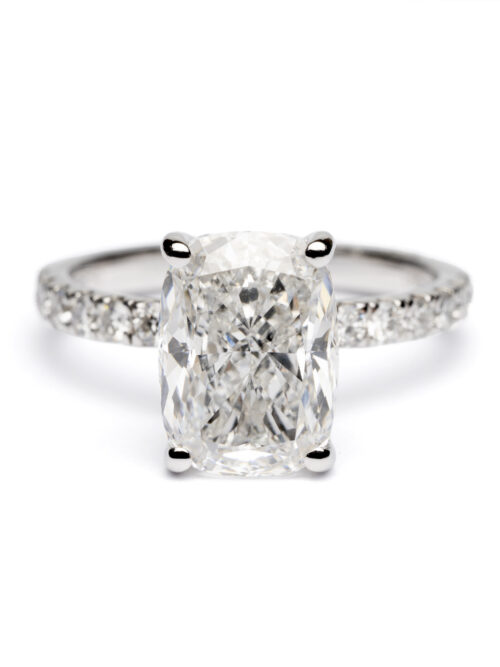 Trotters Platinum 3ct Lab Grown Cushion Cut Diamond Ring With Diamond Set Shoulders & Hidden Diamond Halo