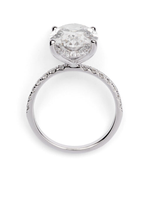 Trotters Platinum 5ct Lab Grown Oval Diamond Ring With Diamond Set Shoulders & Hidden Diamond Halo