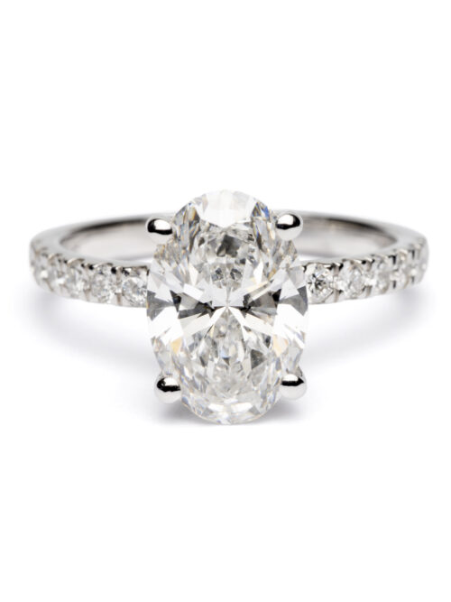 Trotters Platinum 2.5ct Lab Grown Oval Diamond Ring With Diamond Set Shoulders & Hidden Diamond Halo