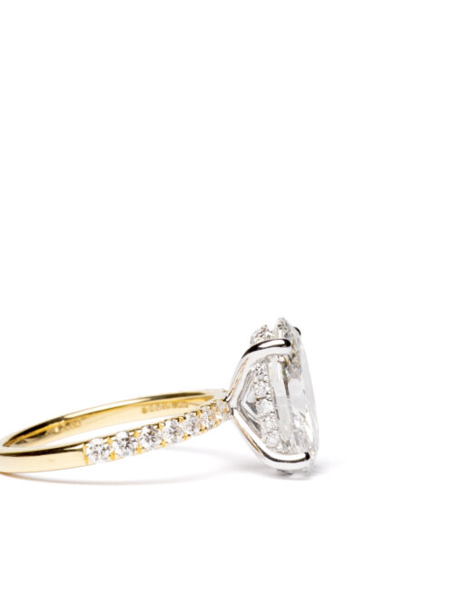 Trotters 18ct Yellow Gold & Platinum 3ct Lab Grown Oval Diamond Ring With Diamond Set Shoulders & Hidden Diamond Halo