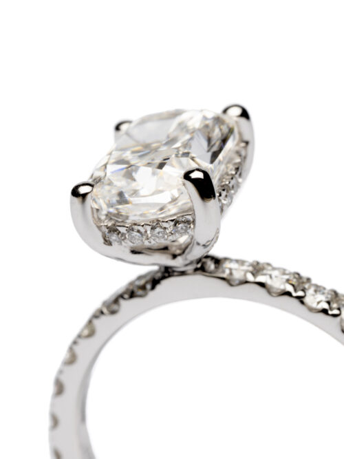 Trotters Platinum 2ct Lab Grown Cushion Cut Diamond Ring With Diamond Set Shoulders & Hidden Halo