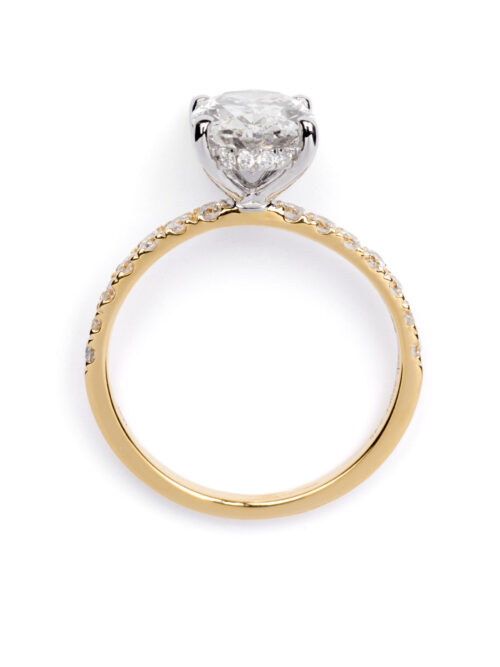 Trotters 18ct Yellow Gold & Platinum 2ct Lab Grown Oval Diamond Ring With Diamond Set Shoulders & Hidden Diamond Halo