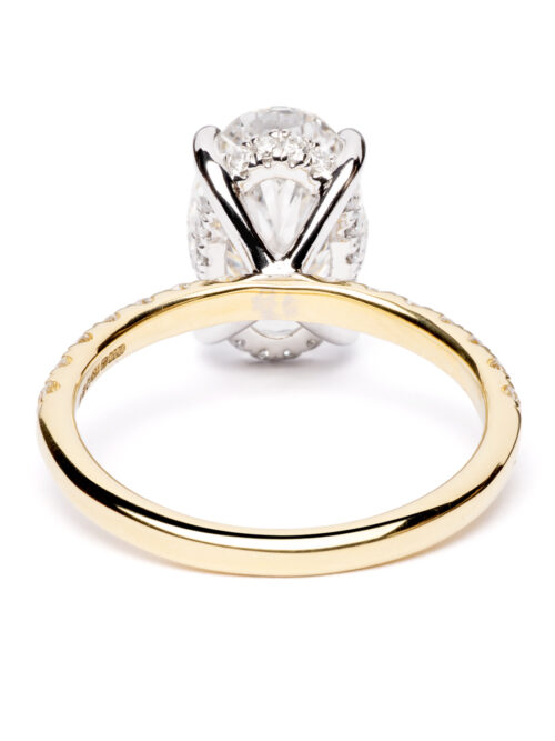 Trotters 18ct Yellow Gold & Platinum 3ct Lab Grown Oval Diamond Ring With Diamond Set Shoulders & Hidden Diamond Halo